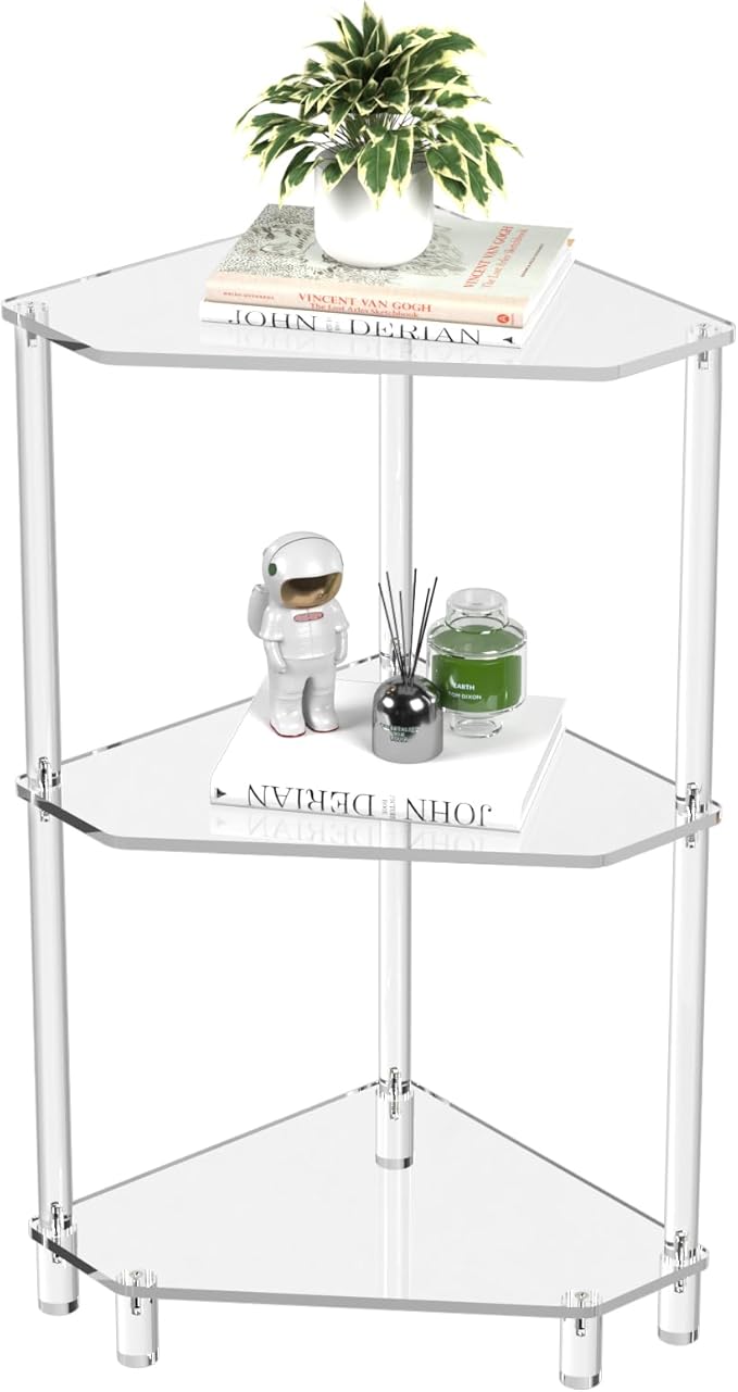 Eglaf Acrylic Corner Side Table - 3 Tier Triangle End Table - Small Side Table for Living Room, Bedroom, Bathroom - 11.8'' L x 11.8'' W x 26 ''H