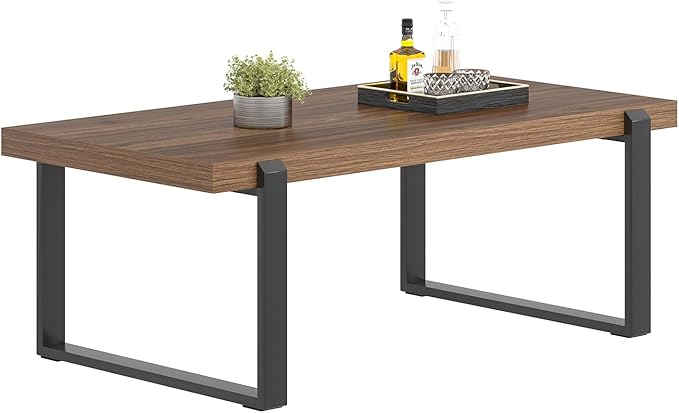 FOLUBAN Modern Coffee Table, Rustic Wood and Metal Center Table, Industrial Rectangle Cocktail Tea Table for Living Room, Walnut, 47 Inch