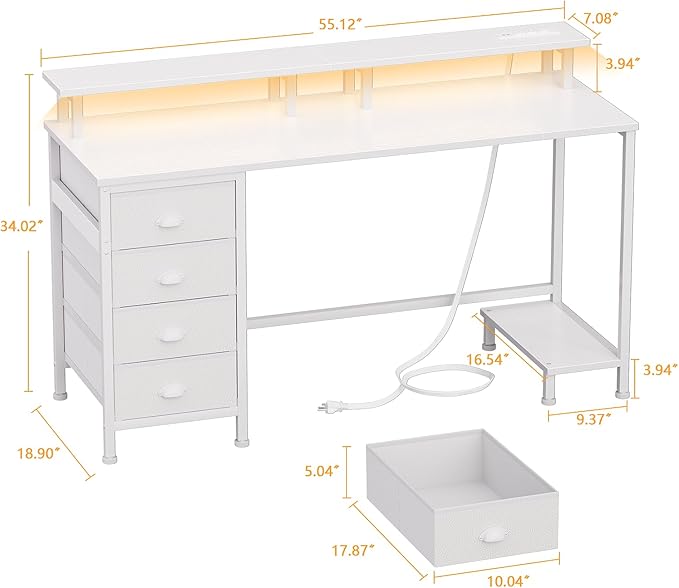 Furologee 55" White Computer Desk with 4 Fabric Drawers & Monitor Stand, Gaming Desk with Power Outlets - LED Lights, Home Office Space-Saving Study Table for Bedroom Small Spaces