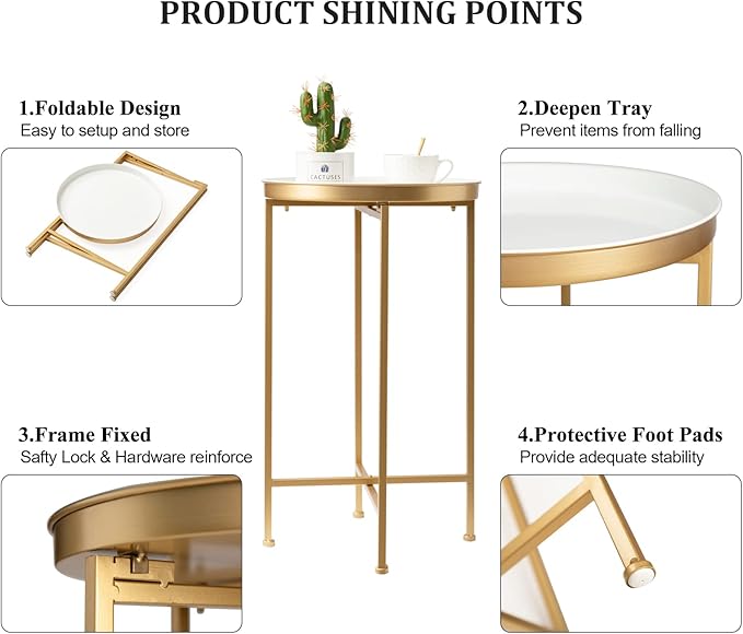 danpinera Gold Side Table, Metal Folding Black Side Table Small Round Circle End Table with Tray Top Waterproof Black Nightstand for Bedroom Living Room Small Spaces 25.75 Inch