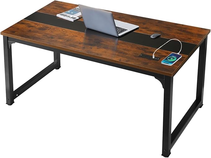 Large Computer Desk - 63 Inch Home Office Desks Study Student Writing Table Gaming Desk Wood Modern Simple Table with USB Ports, Rustic + Black
