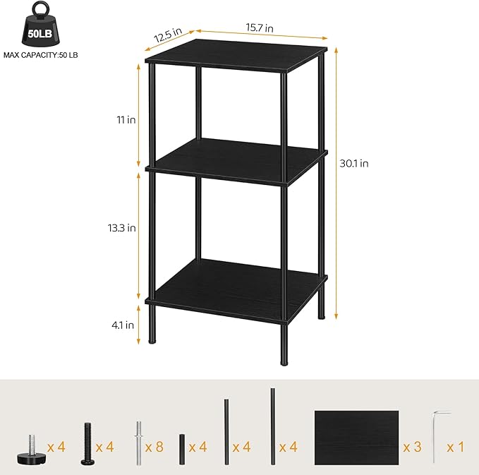 Tall Side Table with Storage 3 Tier Black End Table Metal Storage Shelves for Living Room Bedroom Bathroom Small Slim Table for Office