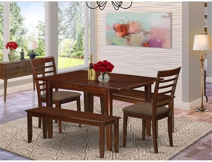 East West Furniture MILA5D-MAH-C 5 Piece Dining Table Set Includes a Rectangle Kitchen Table with Butterfly Leaf and 2 Linen Fabric Dining Chairs with 2 Benches, 36x54 Inch, Mahogany