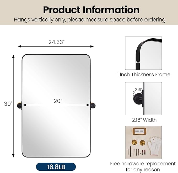 MOON MIRROR Matte Black Pivot Mirror Bathroom, Tilt Rounded Rectangular Bathroom Vanity, Overall 24.33x30 in (Mirror 20x30 in)