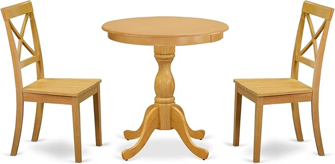 East West Furniture ESBO3-OAK-W 3 Piece Dining Set Contains a Round Dining Room Table with Pedestal and 2 Wood Seat Chairs, 30x30 Inch, Oak