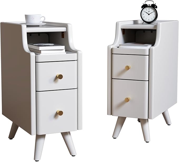 Narrow Nightstand with Drawers, Wood Bedside Table, Small White Nightstand Set of 2