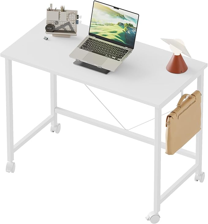 Rolling Computer Desk with Wheels, Gaming Desk for Small Spaces, Modern Simple Style Table for Home Office, Study Writing Table (Caster, White, 32 inch)