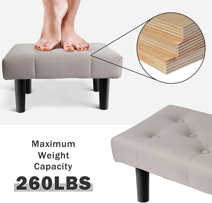 HOUCHICS Small Footstool Ottoman,Velvet Soft Footrest Ottoman with Wood Legs,Sofa Footrest Extra Seating for Living Room Entryway Office(Grey 2PACK)