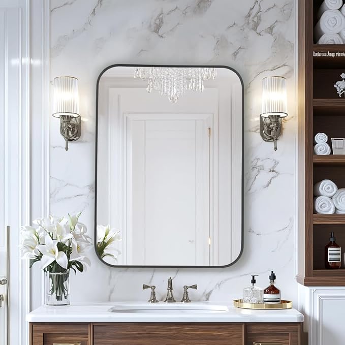 MZON 24x36 Inch Matte Black Bathroom Mirror, Rounded Rectangle Mirror for Living Room or Bathroom, Anti-Rust Frame & Tempered Glass, Horizontal/Vertical Mount - Luxe & Modern Home Decor