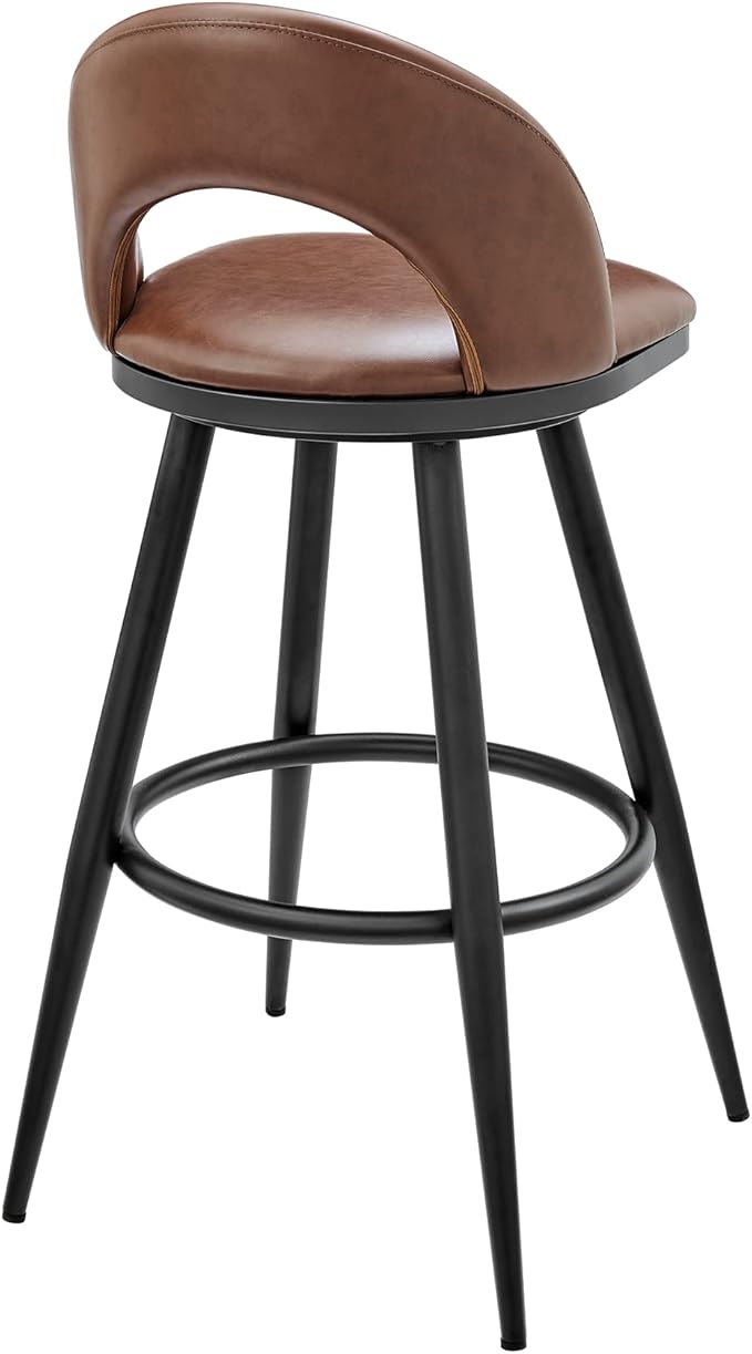 Armen Living Charlotte Swivel Bar Stool in Black Metal with Brown Faux Leather