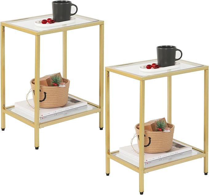 Modern 2-Tier Tempered Glass End Table - Stylish Black Metal Side Table for Small Spaces, Perfect for Living Room & Bedroom (Gold, 2PCS)