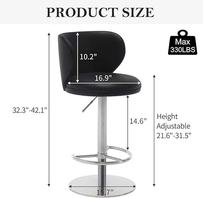RAINMOOD Bar Stools,Adjustable Stainless Steel Swivel Barstools,Faux Leather Upholstered Bar Chair with Back and Footrest, for Bar, Kitchen Counter, Dining Room
