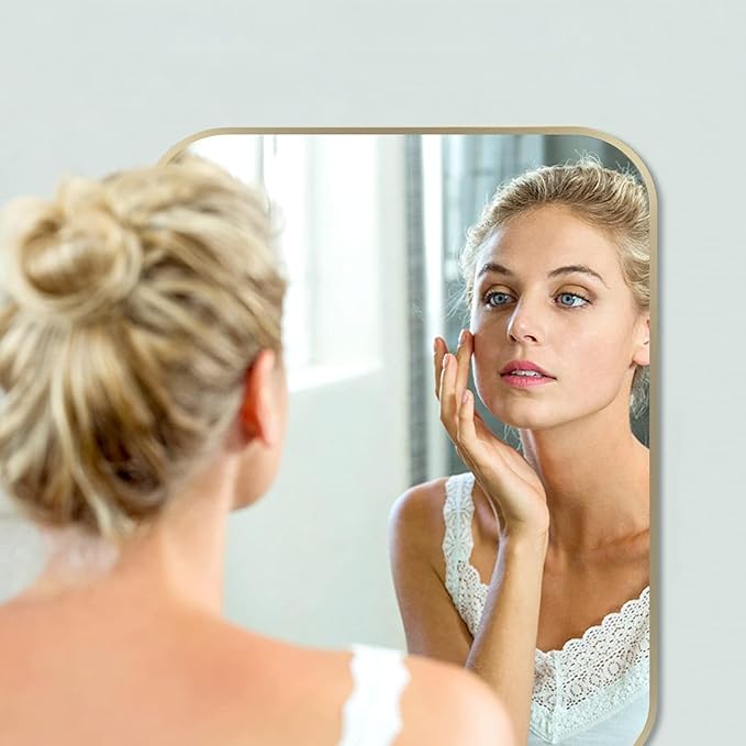 16x20 Inch Gold Bathroom Mirror, Brushed Brass Gold Metal Framed Rectangular Mirror with Rounded Corner, Bathroom Vanity Mirror for Bedroom or Living Room, Horizontal/Vertical