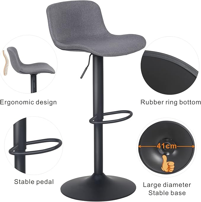 YOUTASTE Fabric Grey Bar Stools Set of 2, Adjustable Counter Height Barstools Swivel Modren Bar Stool with Back Metal Legs, Breakfast Bar Chairs for Kitchen Island Home Bistro