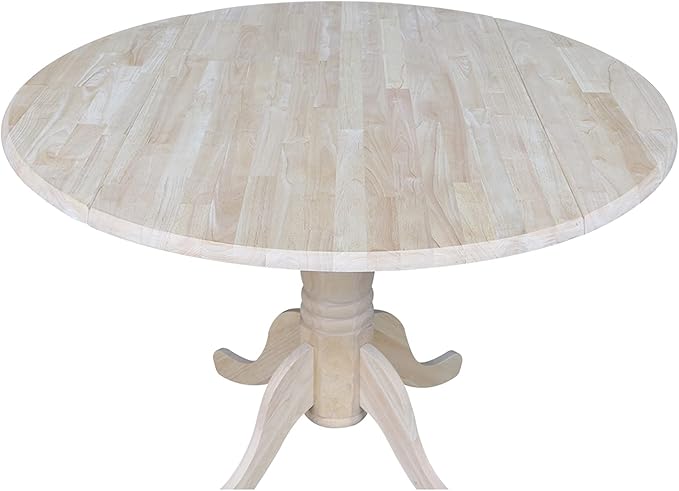 IC International Concepts, Round Dual Drop Leaf Pedestal Dining Table, Solid Real Wood, Sturdy Parawood, Dimensions 42"D x 42"W x 29.5"H, 40lbs Capacity, Paint/Stain Ready, Unfinished
