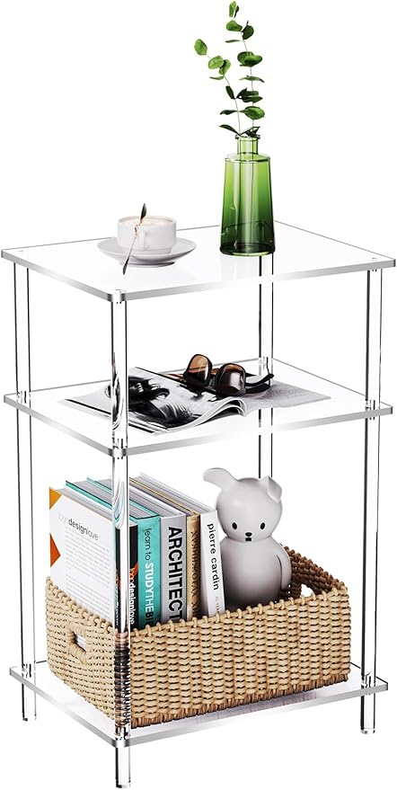 Acrylic Side Table Clear 3-Tier End Table for Living Room, Office, Hallway, Bedroom Small Bedside Table (8mm Thick Shelves)