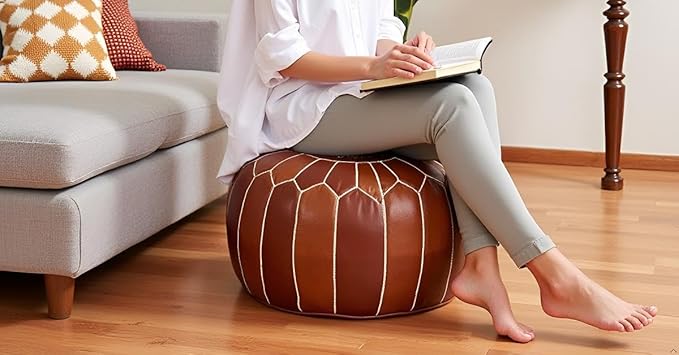 Stuffed Round Design Moroccan Leather Pouf Ottoman, Handmade, Pre-Filled, 100% Genuine Leather, 13” Height x 20” Diameter, Footstool & Living Room Décor (Dark Tan)