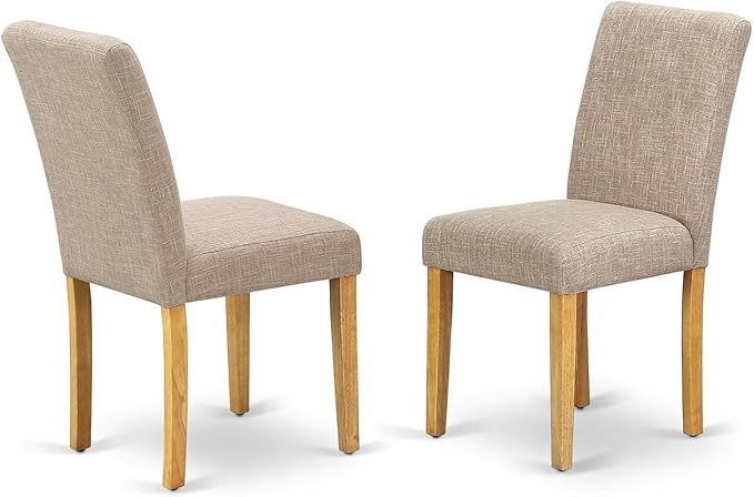 East West Furniture ANAB5-OAK-04 5 Piece Dining Table Set for 4 Includes a Round Kitchen Table with Pedestal and 4 Light Tan Linen Fabric Parson Dining Chairs, 36x36 Inch, Oak