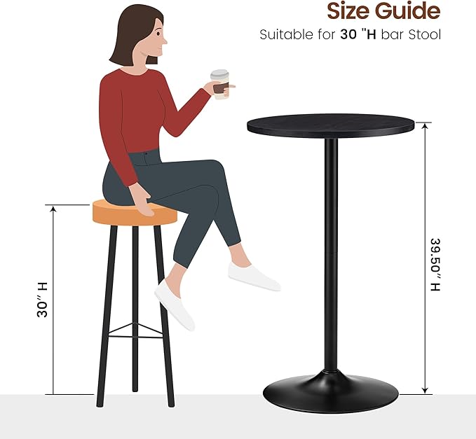 Glitzhome 39.5" H Set of 2 Pub Table Round Bar Table Wood Top with Black Metal Leg and Base,Charcoal Gray Walnut Veneer Finish Cocktail Table for Kitchen Island,Bistro,Restaurant (Charcoal Gray)