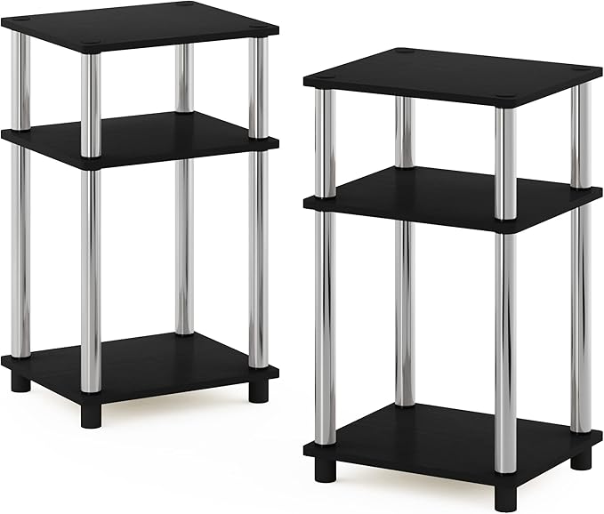 Furinno Simplistic End Side Night Stand/Bedside Table with Stainless Steel Tubes, 2-Pack, 2-Tier Poles, Americano/Chrome