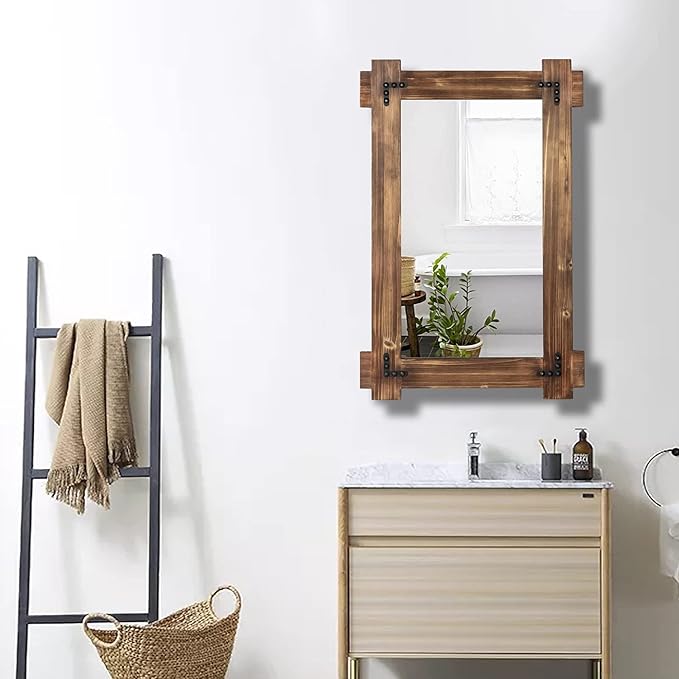 MeMoreCool Rustic Wood Mirror for Bathroom, Decorative Framed Farmhouse Vanity Mirror, Wall Mounted Rectangular Mirror for Bedroom or Living Room, Small 20x30 Inch