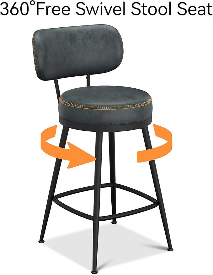 Counter Height Bar Stools, 26" H Swivel Barstools Set of 2, Faux Leather Kitchen Counter Stools with Back and Stylish Stitching, Metal Frame, Pub, Home Bar, Balck Green