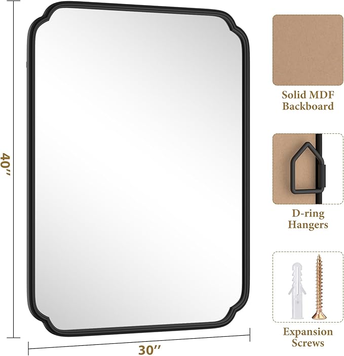 Matte Black Bathroom Vanity Mirror for Over Sink 30" x 40" Modern Rounded Corner Rectangle Wall Mirror Decorative with Non-Rusting Iron Metal Framed (Horizontal/Vertical)