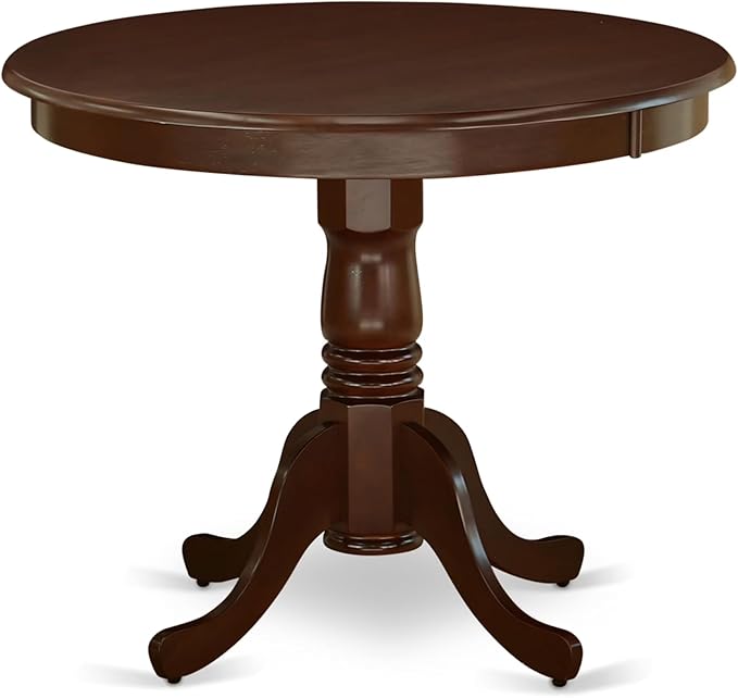 East West Furniture ANVE5-MAH-47 5 Piece Kitchen Table & Chairs Set Includes a Round Dining Room Table with Pedestal and 4 Light Sable Linen Fabric Parsons Chairs, 36x36 Inch, Linen White
