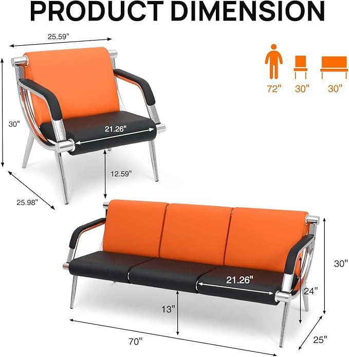 wonline 4 Seat Waiting Room Chair with Armrest PU Leather Office Furniture, Office Guest Seating Lobby Conference Reception Chairs for Airport Clinic Hospital Bank Salon Barber(Orange&Black)
