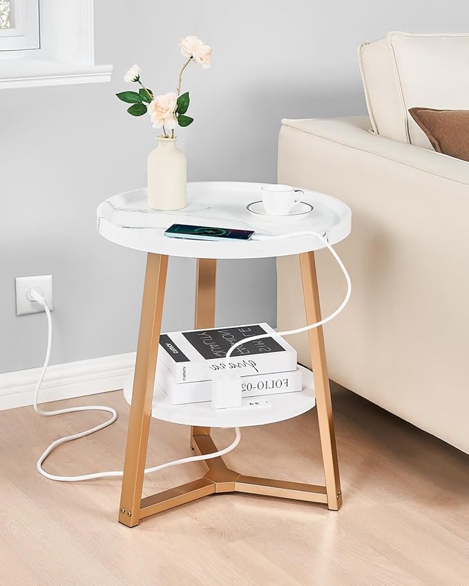Round End Table with Charging Station, 19.7" Dia x 23.63" H, Side Table with Storage Shelf, for Living Room, Bedroom, Faux Marble Top, Gold & White