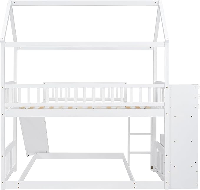 Ball & Cast Twin Over Twin Size House Bunk Bed with Slide and Storage Steps,Wood Bunkbed w/Full-Length Guard Rail & Ladder,Slat Support,Space Saving,Bedroom Furniture for Student Dorms,White