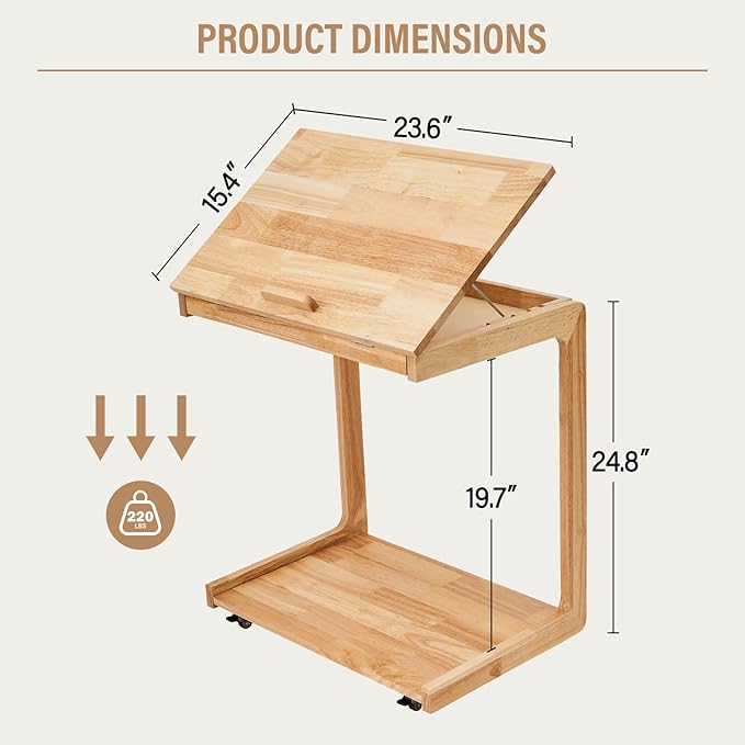 CozyDH Adjustable C Shaped End Table, Solid Wood Rolling Side Table, TV Sofa Tray Table for Couch Arm Eating Multi-Purpose, Small Coffee Table with Wheels Living Room Bedroom, Natural