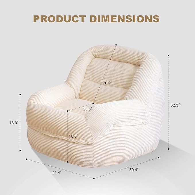 Giant Bean Bag Chair with Armrests - Oversized Cozy Seating for Adults, Corduroy Fabric & High - Density Foam Filling, Ideal Lounge for Living Room, Bedroom & Gaming Room (White)