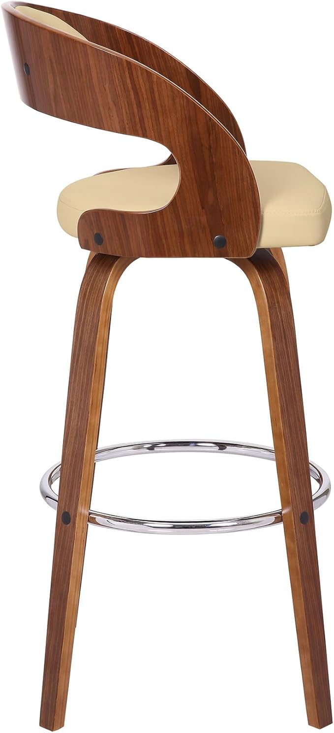 Armen Living Shelly 30" Bar Height Swivel Cream Faux Leather and Walnut Wood Bar Stool - Set of 2