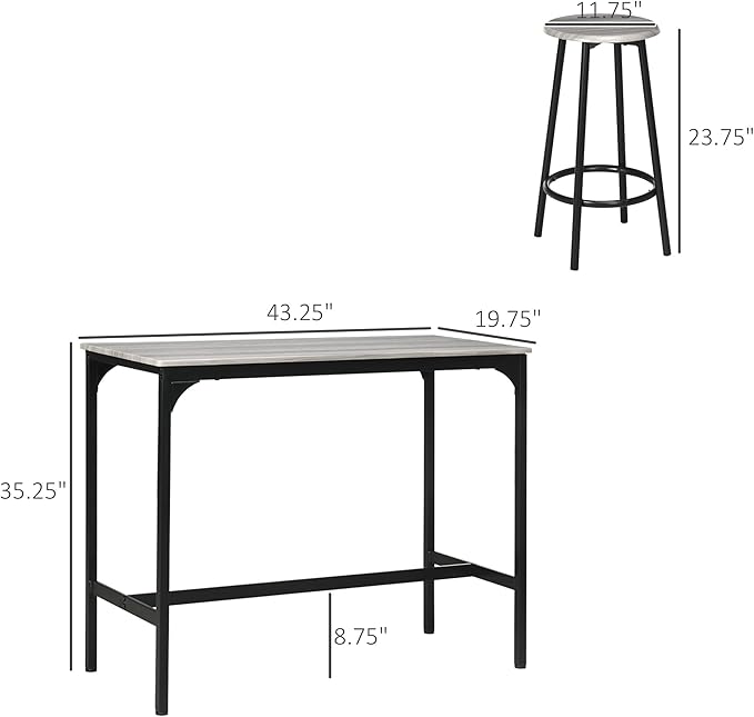 HOMCOM 5-Piece Counter Height Bar Table Set, Rustic 43.25" Dining Table with 4 Bar Stools, Kitchen Table with Wooden Top for Pub, Dining Room, Gray