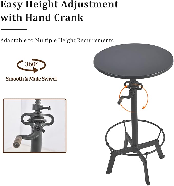 LOKKHAN Industrial Bar Table-33.5-39.4 Inch Tall-Adjustable Bar Height Pub Table-23.7 Inch Swivel Round Metal Top-Easily Adjusts by Crank Handle, Black