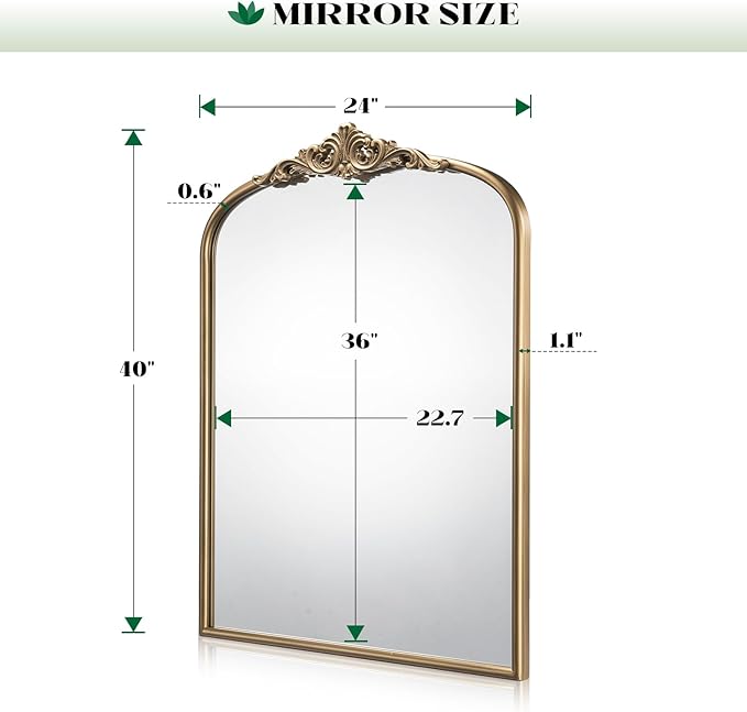Arched Antique Wall Mirror, 24"x40" Vintage Gold Bathroom Vanity Mirror, Ornate Arched Bronze Mirror for Over Sink/Fireplace/Entryway