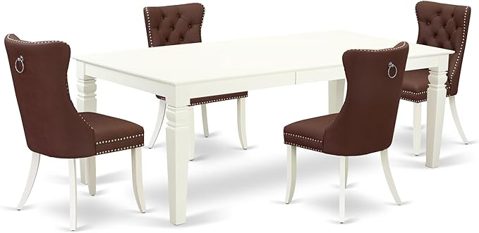 East West Furniture LGDA5-LWH-26 5 Piece Dining Room Set Consists of a Rectangle Kitchen Table with Butterfly Leaf and 4 Polyester Fabric Upholstered Parson Chairs, 42x84 Inch, linen white