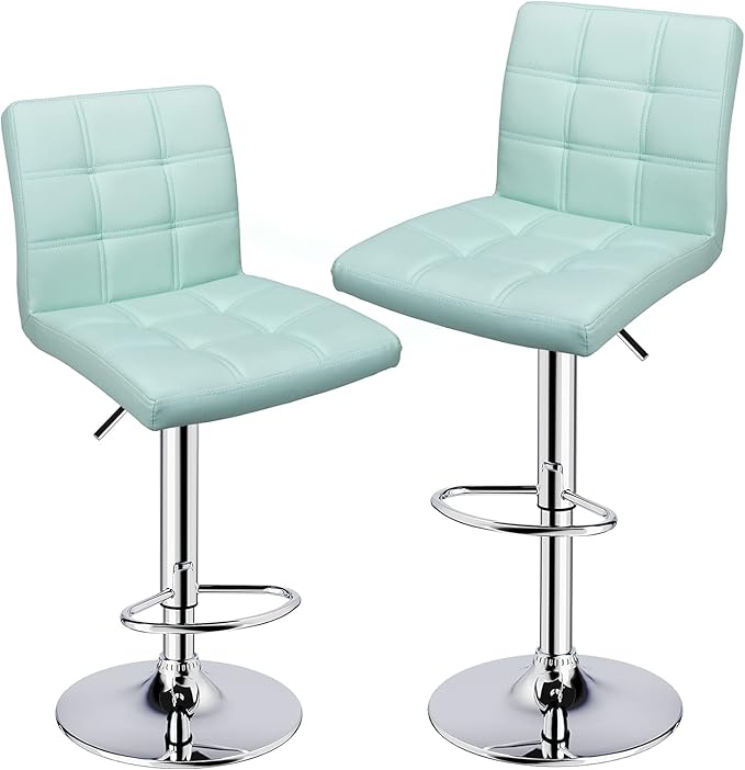 Leopard Modern Square PU Leather Adjustable Bar Stools with Back, Square Back Bar Stools Set of 2,Counter Height Swivel Stool (Mint Green)