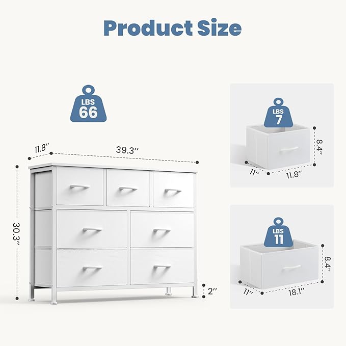 DUMOS TV Stand Dresser for Living Room Bedroom with 7 Fabric Drawer, Entertainment Center Chest Storage Organizer Units for Clothing, Closet, Cabinet, Living Room Furniture, White