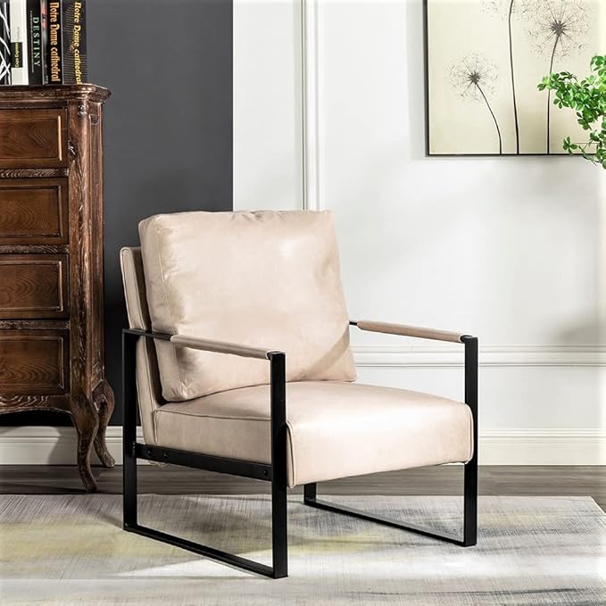 Container Furniture Classic Mid Century Modern Accent Chair with Durable Square Metal Frame, Armchair for Living Room, Bedroom, Home Office in Spotted Microfiber Upholstery, Light Camel