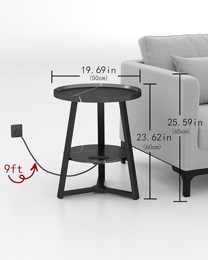 Round End Table with Charging Station, 19.7" Dia x 23.63" H, Side Table with Storage Shelf, for Living Room, Bedroom, Faux Marble Top, Black