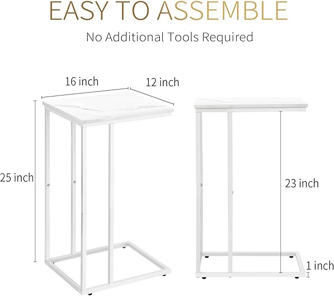 C Shaped End Table Set of 2 for Sofa and Bed, Slide Under Couch Tables, Side Table With Faux Marble Top, Small Under Table Tray for Living Room, Bedroom, White