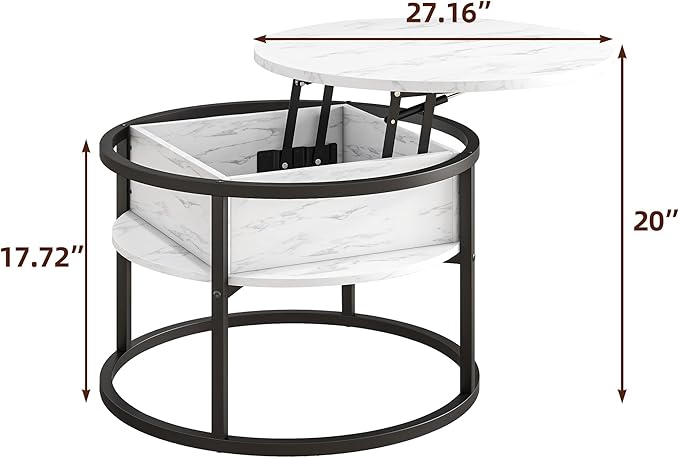 Round Coffee Table with Storage, Lift Top Coffee Table with Hidden Compartment, Farmhouse Juxing Design for Living Room, 2-Tier Small Round Dining Center, White