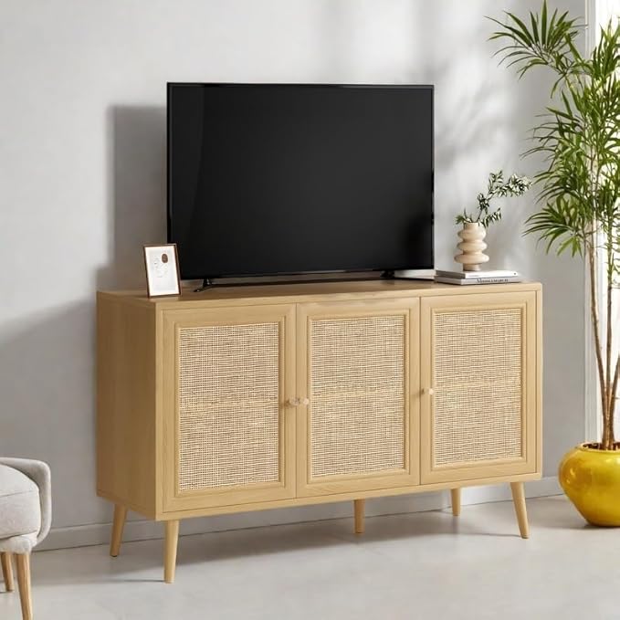 Rattan Entryway Table, Entertainment Center with Adjustable Shelf, Sideboard Buffet Cabinet with 3 Rattan Doors, Modern Console Cabinet with Large Storage for Living Room, Kitchen, Brown