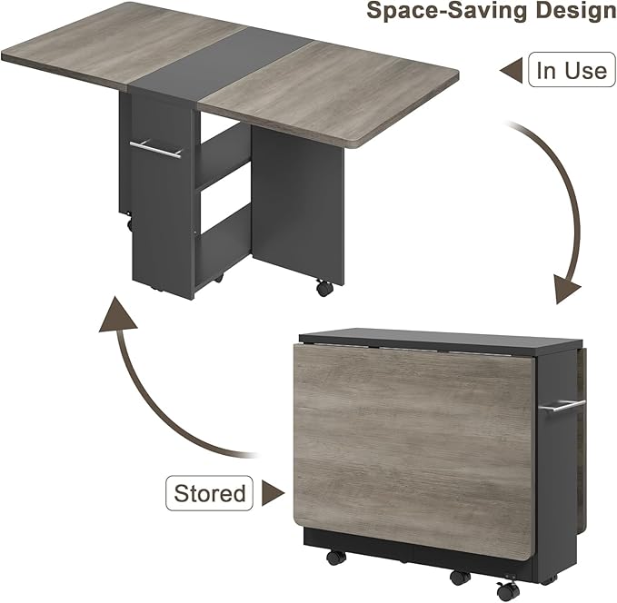Space Saving Folding Dining Table with 2 Tier Storage-Extendable Drop Leaf Farmhouse Kitchen Dining Room Tables Set for 4, Collapsible Expandable Rectangle (Carlo Grey, 47.2"D x 23.6"W x 29.5"H)
