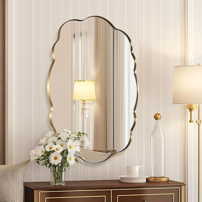 ANDY STAR Brushed Gold Scalloped Mirror - 22x30 Inch Bathroom Mirror, Vintage Oval Vanity Mirror, Rust-Proof Anti Rust Stainless Steel Wall Mount Horizontal or Vertical