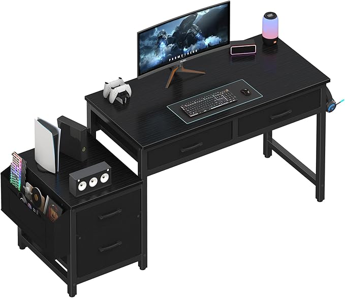 Lufeiya Gaming Desk with Fabric File Drawers Cabinet, 57 Inch Home Office Desks with Reversible Filing Cabinet Printer Stand for Small Space, Study Writing Table PC Computer Desks for Bedroom, Black