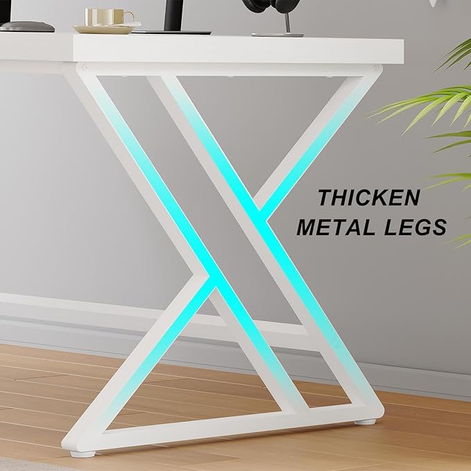 LVB Modern White Computer Desk, Long Industrial Home Office Desk for Student, Large Metal Wood Writing Study Work Desk, Farmhouse Executive Gaming Computer Table for Bedroom Living Room, White, 60 in