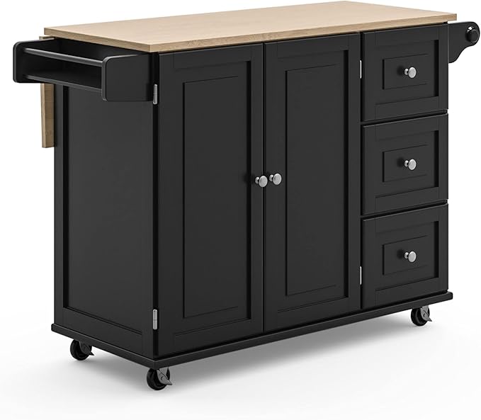 Homestyles Dolly Madison Black Mobile Kitchen Island Cart with Wood Drop Leaf Breakfast Bar